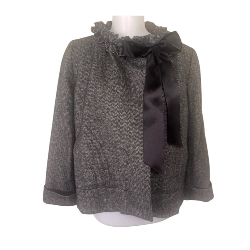 VTG J.Crew Wool Herringbone Ruffle Tie Neck Blazer Jacket Size 4 Gray